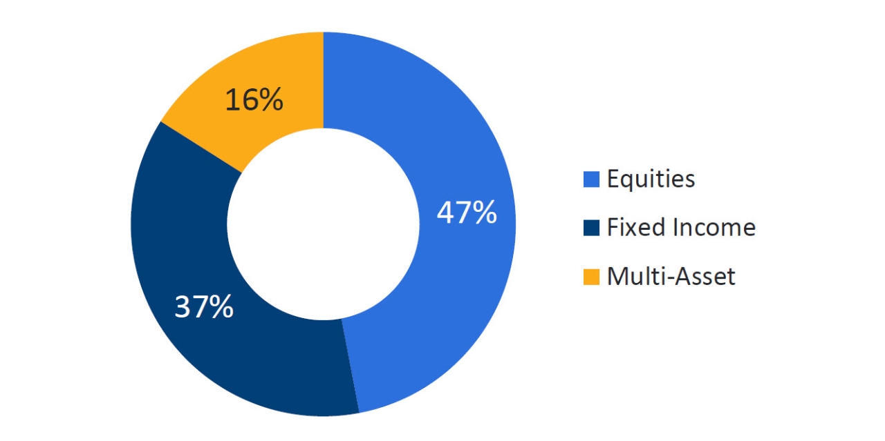 48% equities, 36% fixed income, 16% multi-assets