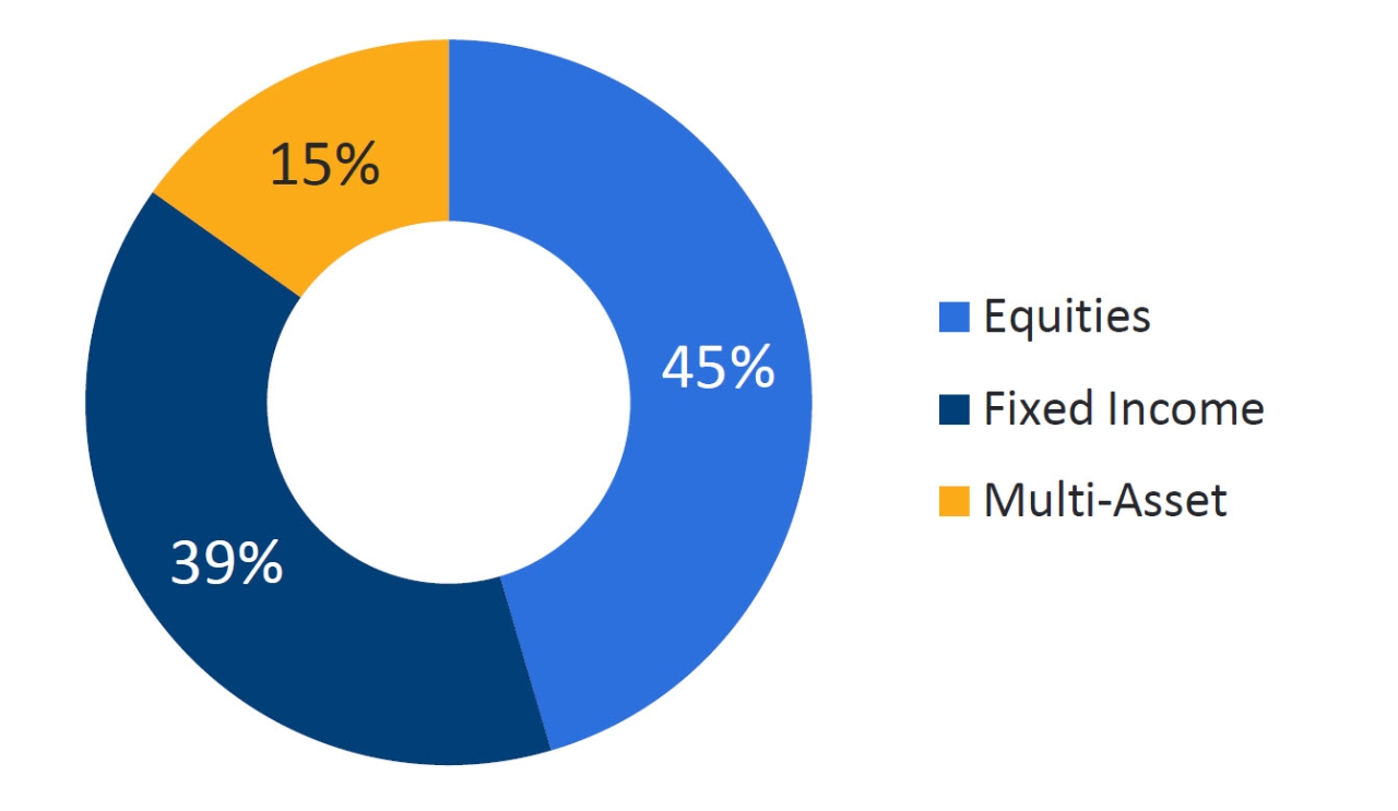 48% equities, 36% fixed income, 16% multi-assets
