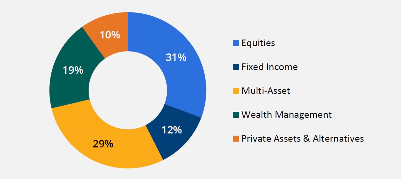 33% equities, 29% multi-asset, 17% fixed income, 13% wealth management, 8% private assets and alternatives