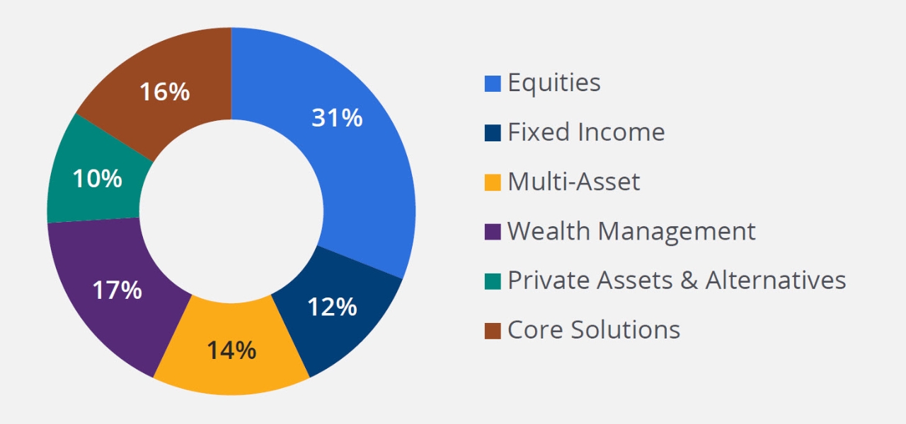33% equities, 29% multi-asset, 17% fixed income, 13% wealth management, 8% private assets and alternatives